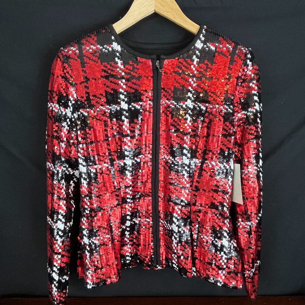 Holiday Ready Boston Proper Sequined Plaid Peplum Zip Blazer